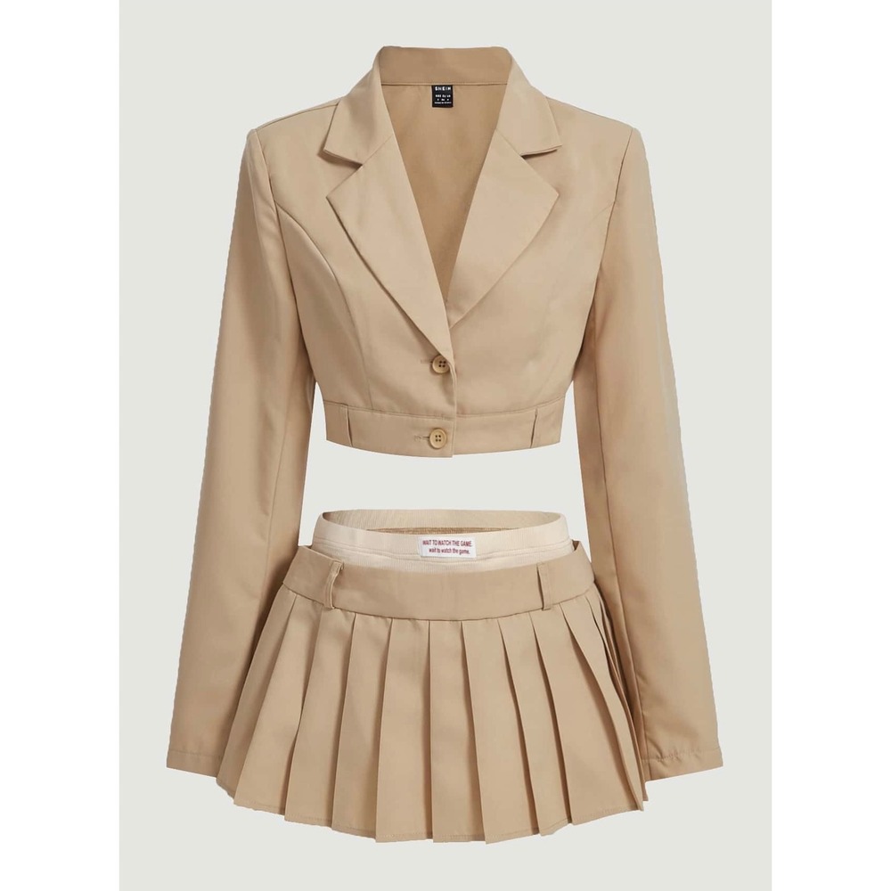 Tan Khaki Cropped Blazer Pleated Mini Skirt Set Matching Schoolgirl Preppy M NWT